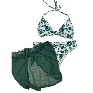 *Shein 3  Piece Bikini Womens Size L Green Floral Trangle Cheeky Beach Travel